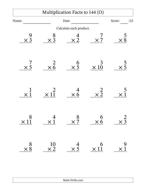 The Multiplication Facts to 144 (25 Questions) (No Zeros) (O) Math Worksheet