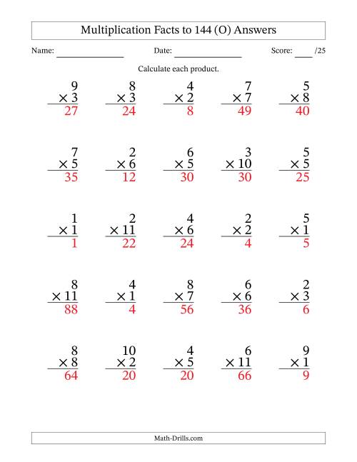 The Multiplication Facts to 144 (25 Questions) (No Zeros) (O) Math Worksheet Page 2