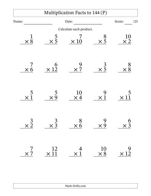 The Multiplication Facts to 144 (25 Questions) (No Zeros) (P) Math Worksheet