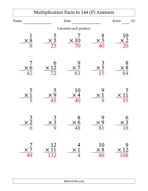 The Multiplication Facts to 144 (25 Questions) (No Zeros) (P) Math Worksheet Page 2