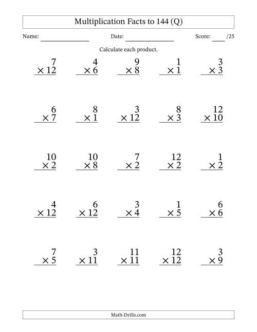 The Multiplication Facts to 144 (25 Questions) (No Zeros) (Q) Math Worksheet