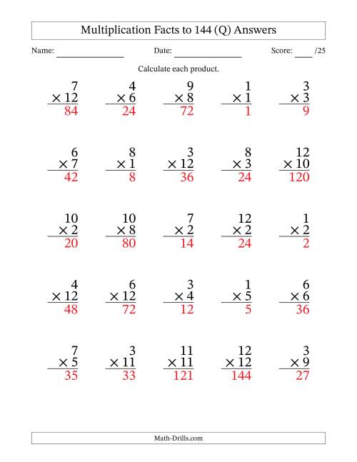 The Multiplication Facts to 144 (25 Questions) (No Zeros) (Q) Math Worksheet Page 2