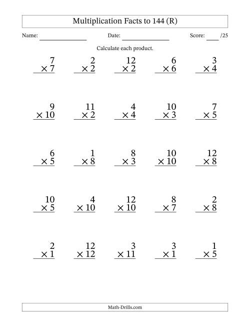 The Multiplication Facts to 144 (25 Questions) (No Zeros) (R) Math Worksheet