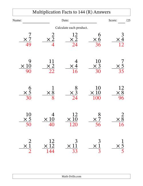 The Multiplication Facts to 144 (25 Questions) (No Zeros) (R) Math Worksheet Page 2