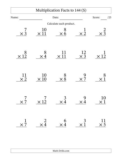 The Multiplication Facts to 144 (25 Questions) (No Zeros) (S) Math Worksheet