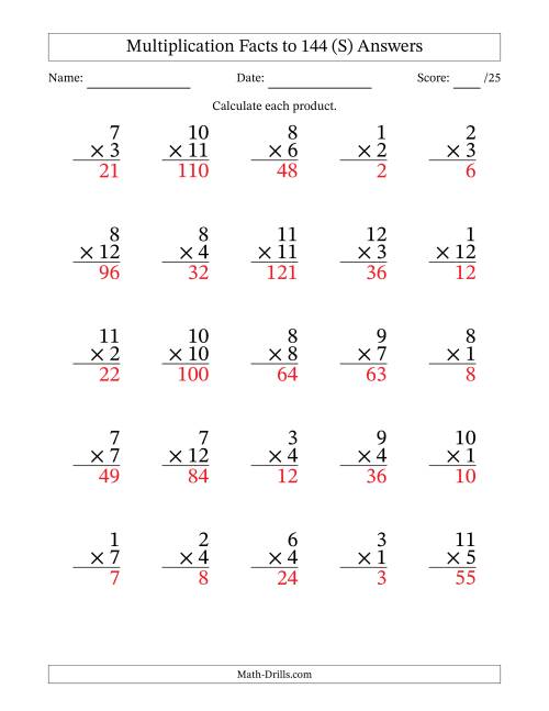 The Multiplication Facts to 144 (25 Questions) (No Zeros) (S) Math Worksheet Page 2