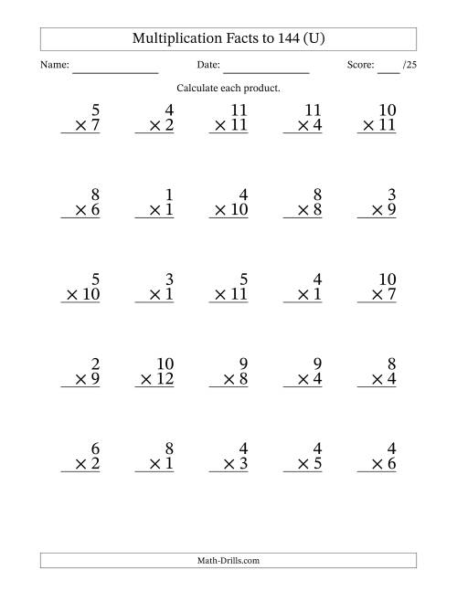 The Multiplication Facts to 144 (25 Questions) (No Zeros) (U) Math Worksheet