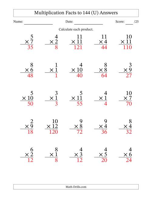 The Multiplication Facts to 144 (25 Questions) (No Zeros) (U) Math Worksheet Page 2