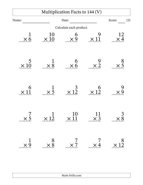 The Multiplication Facts to 144 (25 Questions) (No Zeros) (V) Math Worksheet