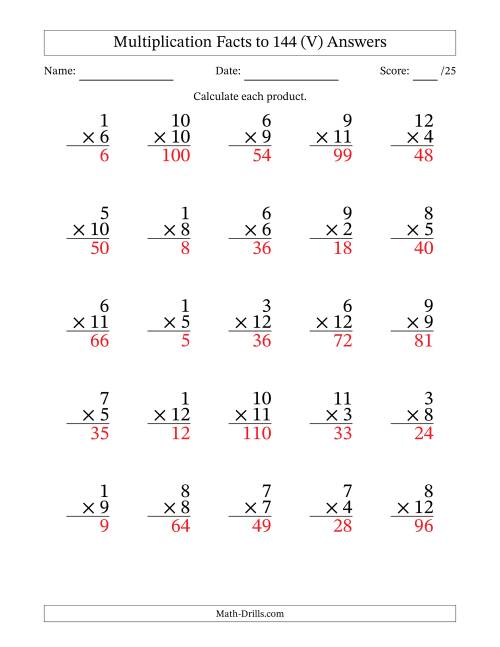 The Multiplication Facts to 144 (25 Questions) (No Zeros) (V) Math Worksheet Page 2