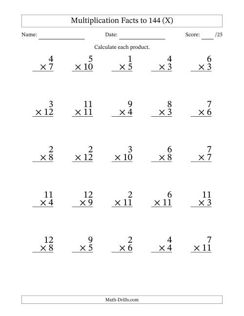 The Multiplication Facts to 144 (25 Questions) (No Zeros) (X) Math Worksheet