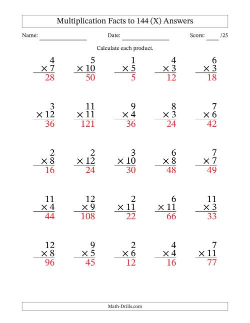 The Multiplication Facts to 144 (25 Questions) (No Zeros) (X) Math Worksheet Page 2