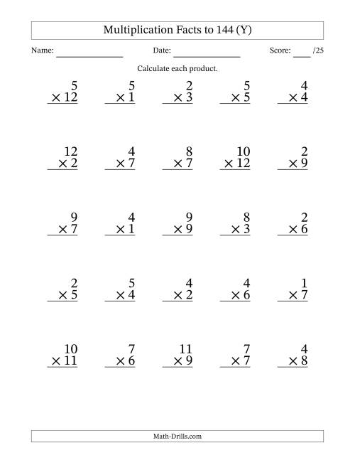 The Multiplication Facts to 144 (25 Questions) (No Zeros) (Y) Math Worksheet