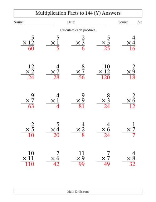 The Multiplication Facts to 144 (25 Questions) (No Zeros) (Y) Math Worksheet Page 2