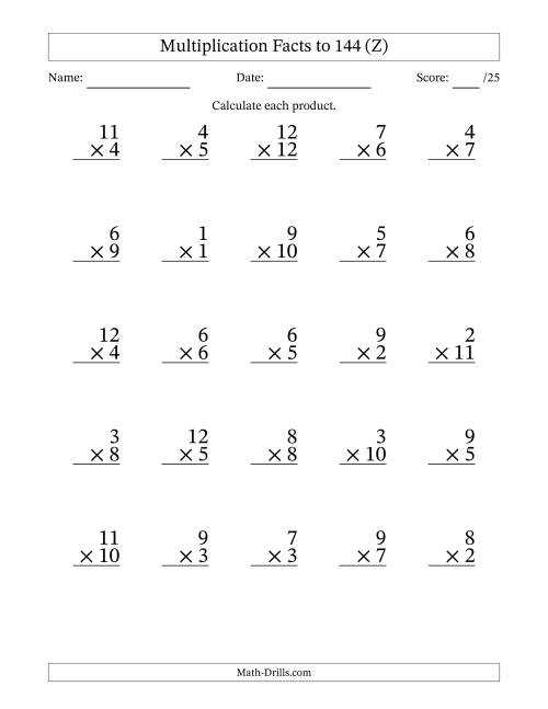 The Multiplication Facts to 144 (25 Questions) (No Zeros) (Z) Math Worksheet