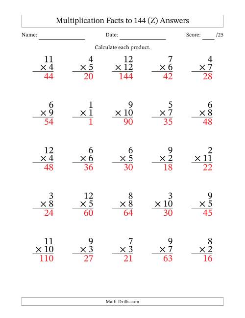 The Multiplication Facts to 144 (25 Questions) (No Zeros) (Z) Math Worksheet Page 2