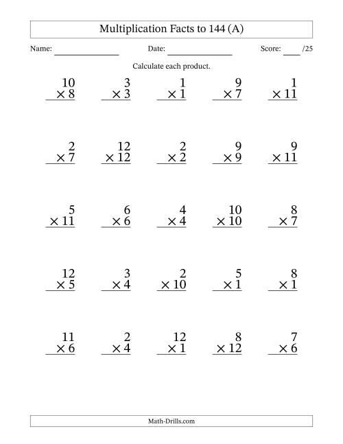 The Multiplication Facts to 144 (25 Questions) (No Zeros) (All) Math Worksheet
