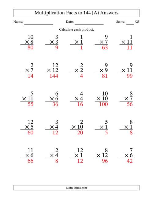 The Multiplication Facts to 144 (25 Questions) (No Zeros) (All) Math Worksheet Page 2