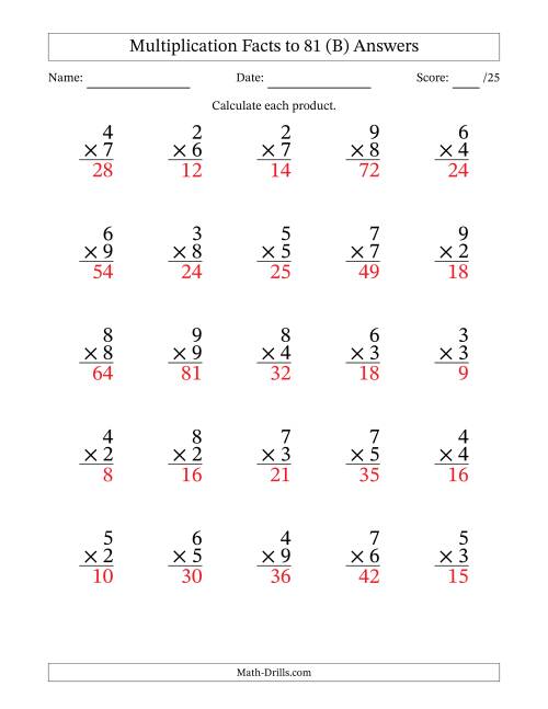 The Multiplication Facts to 81 (25 Questions) (No Zeros or Ones) (B) Math Worksheet Page 2