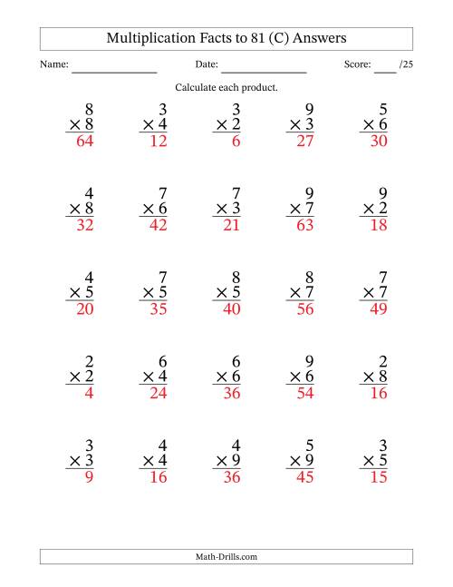 The Multiplication Facts to 81 (25 Questions) (No Zeros or Ones) (C) Math Worksheet Page 2