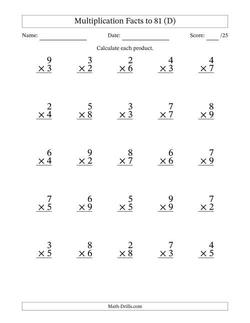 The Multiplication Facts to 81 (25 Questions) (No Zeros or Ones) (D) Math Worksheet