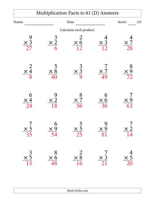 The Multiplication Facts to 81 (25 Questions) (No Zeros or Ones) (D) Math Worksheet Page 2