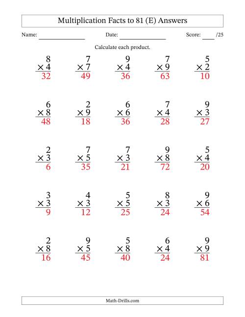 The Multiplication Facts to 81 (25 Questions) (No Zeros or Ones) (E) Math Worksheet Page 2