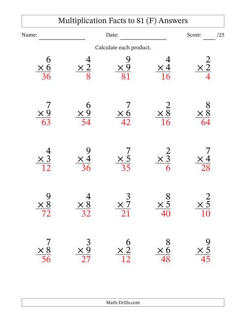 The Multiplication Facts to 81 (25 Questions) (No Zeros or Ones) (F) Math Worksheet Page 2
