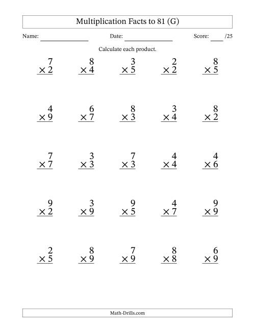 The Multiplication Facts to 81 (25 Questions) (No Zeros or Ones) (G) Math Worksheet