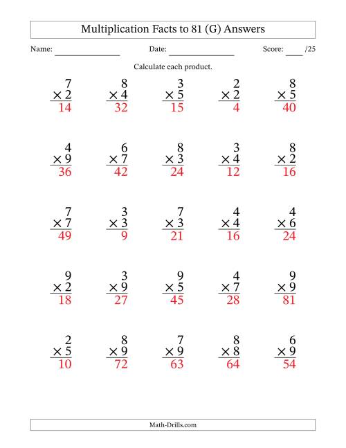 The Multiplication Facts to 81 (25 Questions) (No Zeros or Ones) (G) Math Worksheet Page 2