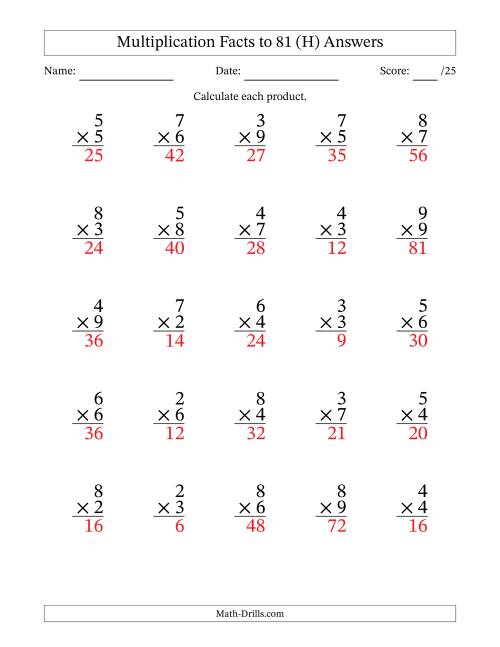 The Multiplication Facts to 81 (25 Questions) (No Zeros or Ones) (H) Math Worksheet Page 2