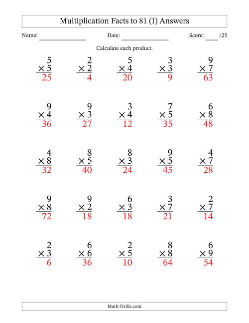 The Multiplication Facts to 81 (25 Questions) (No Zeros or Ones) (I) Math Worksheet Page 2