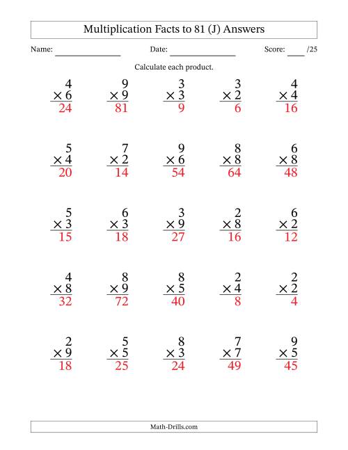 The Multiplication Facts to 81 (25 Questions) (No Zeros or Ones) (J) Math Worksheet Page 2