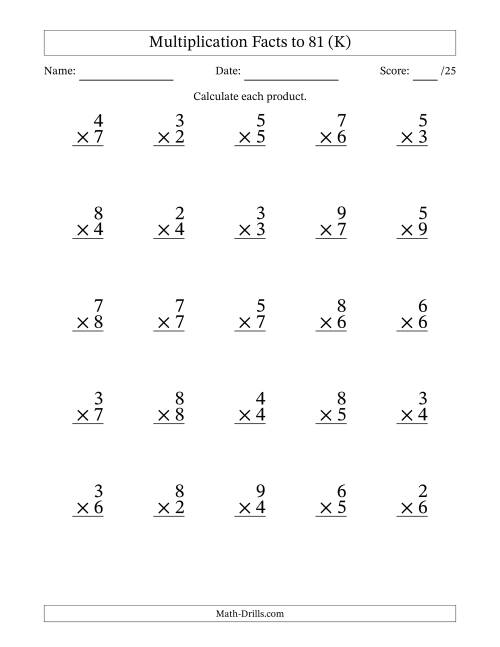 The Multiplication Facts to 81 (25 Questions) (No Zeros or Ones) (K) Math Worksheet