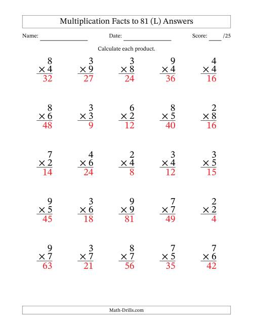The Multiplication Facts to 81 (25 Questions) (No Zeros or Ones) (L) Math Worksheet Page 2