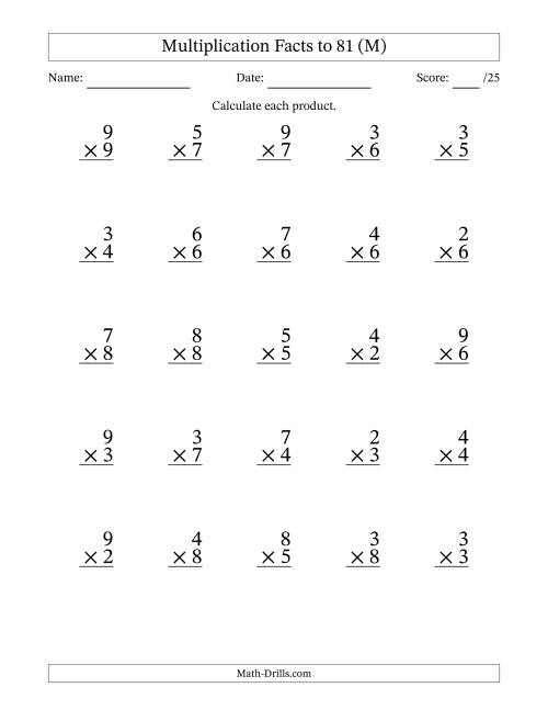 The Multiplication Facts to 81 (25 Questions) (No Zeros or Ones) (M) Math Worksheet