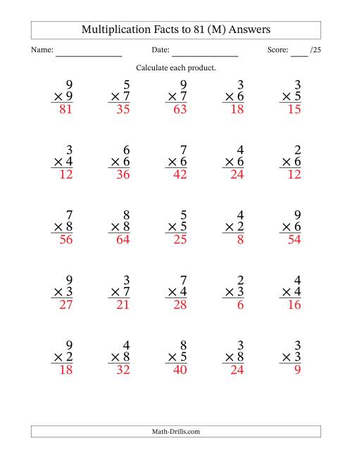 The Multiplication Facts to 81 (25 Questions) (No Zeros or Ones) (M) Math Worksheet Page 2