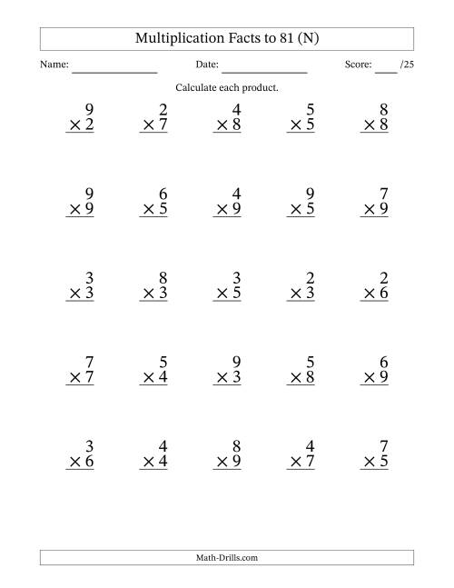 The Multiplication Facts to 81 (25 Questions) (No Zeros or Ones) (N) Math Worksheet