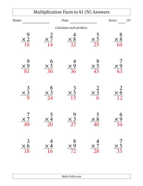 The Multiplication Facts to 81 (25 Questions) (No Zeros or Ones) (N) Math Worksheet Page 2