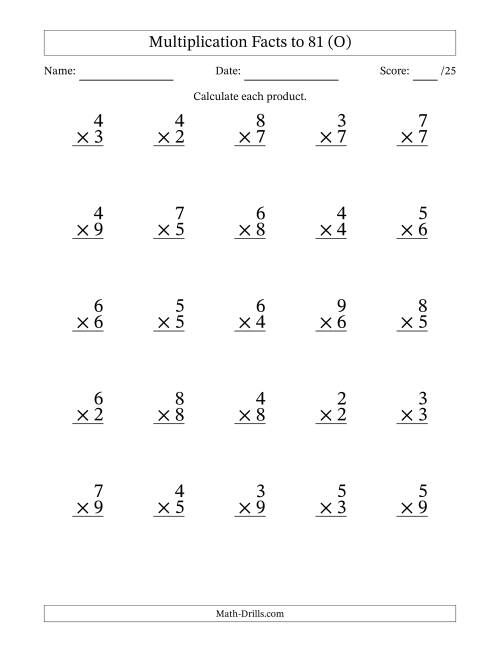 The Multiplication Facts to 81 (25 Questions) (No Zeros or Ones) (O) Math Worksheet