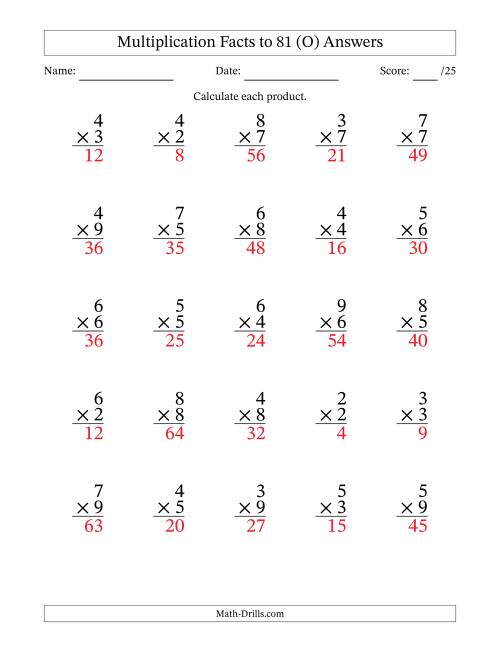 The Multiplication Facts to 81 (25 Questions) (No Zeros or Ones) (O) Math Worksheet Page 2