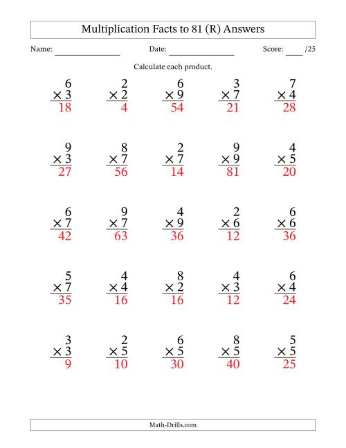 The Multiplication Facts to 81 (25 Questions) (No Zeros or Ones) (R) Math Worksheet Page 2