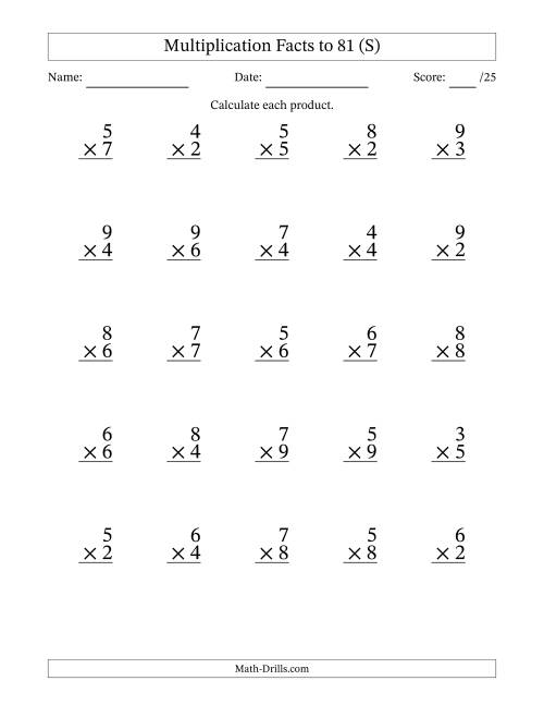 The Multiplication Facts to 81 (25 Questions) (No Zeros or Ones) (S) Math Worksheet
