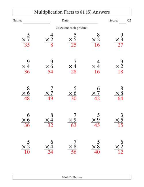 The Multiplication Facts to 81 (25 Questions) (No Zeros or Ones) (S) Math Worksheet Page 2