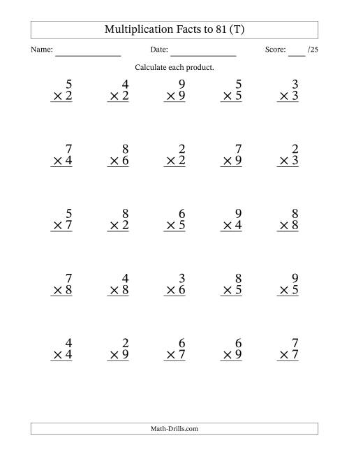The Multiplication Facts to 81 (25 Questions) (No Zeros or Ones) (T) Math Worksheet