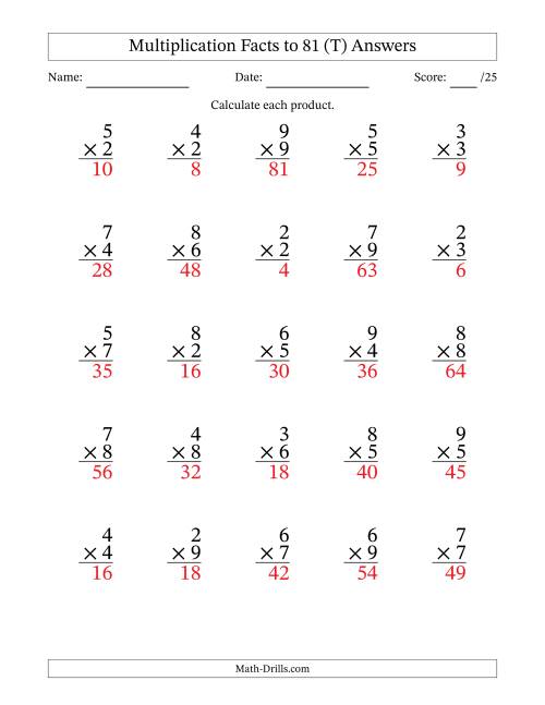 The Multiplication Facts to 81 (25 Questions) (No Zeros or Ones) (T) Math Worksheet Page 2
