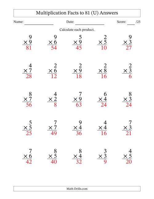 The Multiplication Facts to 81 (25 Questions) (No Zeros or Ones) (U) Math Worksheet Page 2