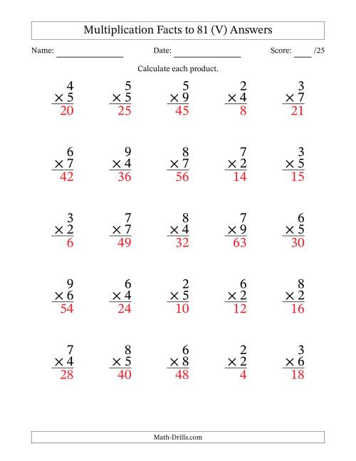The Multiplication Facts to 81 (25 Questions) (No Zeros or Ones) (V) Math Worksheet Page 2