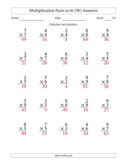 The Multiplication Facts to 81 (25 Questions) (No Zeros or Ones) (W) Math Worksheet Page 2