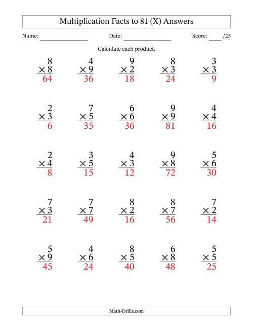 The Multiplication Facts to 81 (25 Questions) (No Zeros or Ones) (X) Math Worksheet Page 2